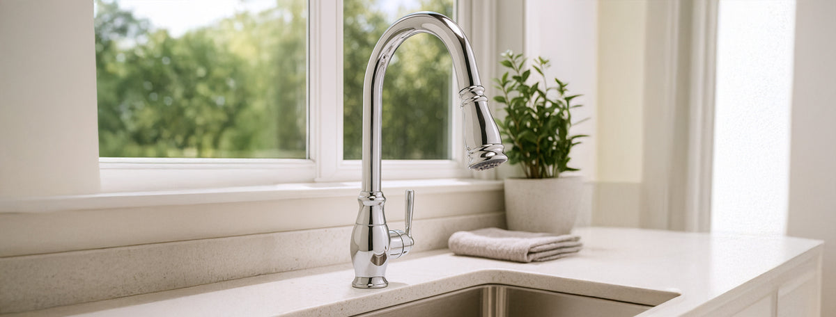 Chrome faucet by a window with greenery outside
