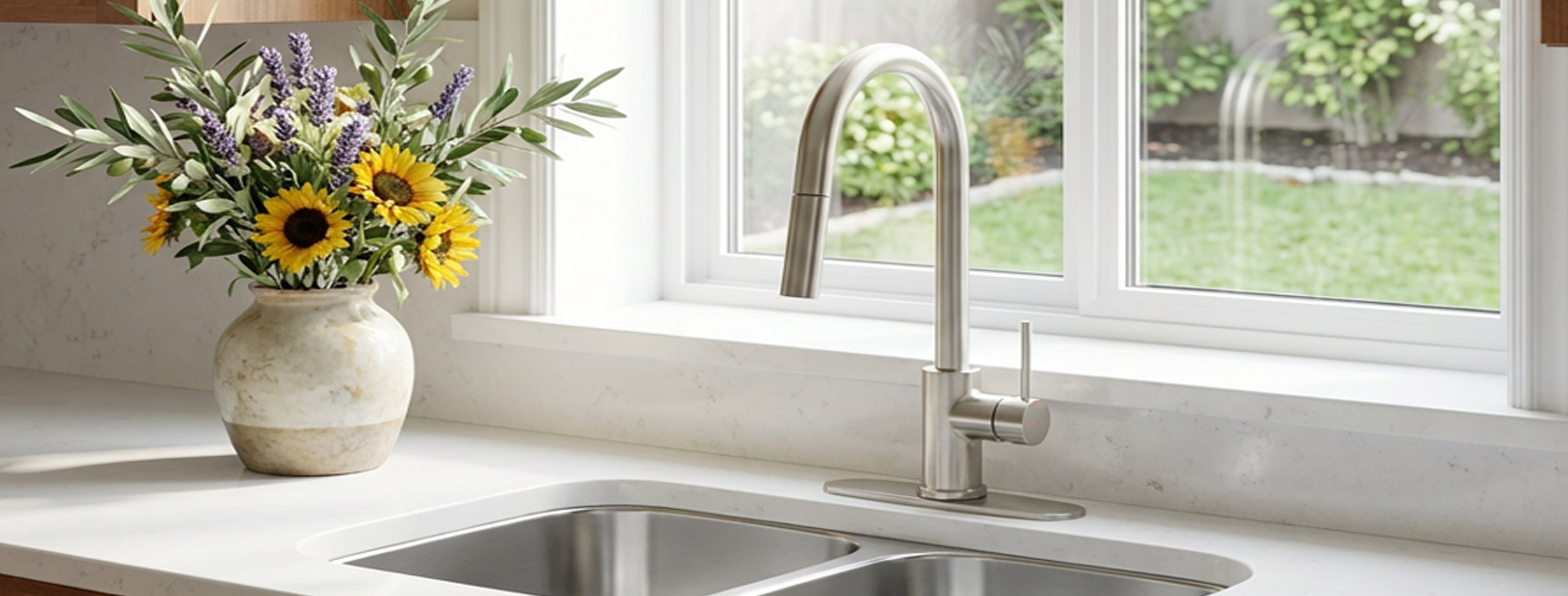 Kitchen sink with a vase of flowers and a window view