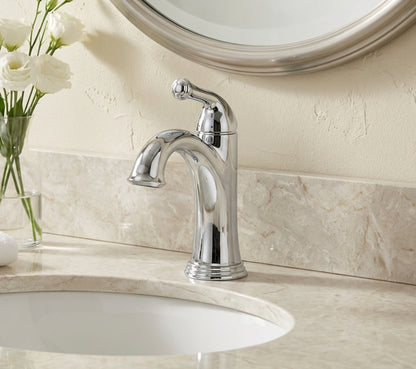 Chrome faucet on a bathroom sink with a mirror and flowers in the background