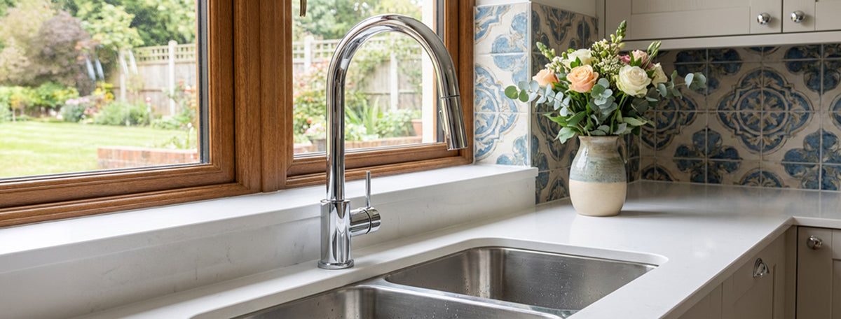 Kitchen sink with modern faucet and decorative tiles on the wall.