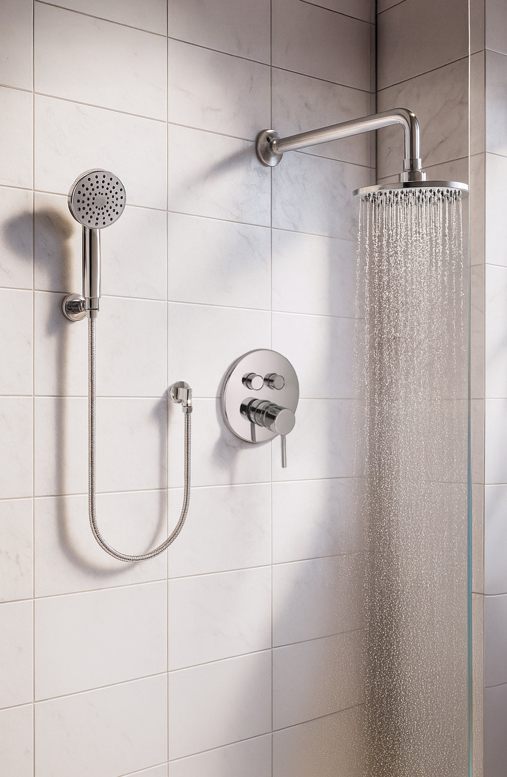 Modern shower setup with handheld showerhead and control panel on tiled wall